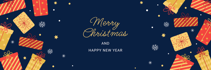 Merry Christmas banner, greeting card. Festive horizontal background with falling gift boxes, confetti and snowflakes. Christmas vector design
