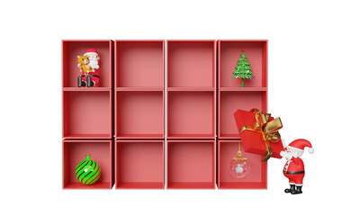 Obraz na płótnie Canvas Santa claus with red open gift box empty, christmas tree isolated. website,poster or happiness cards, festive New Year concept, 3d illustration or 3d render