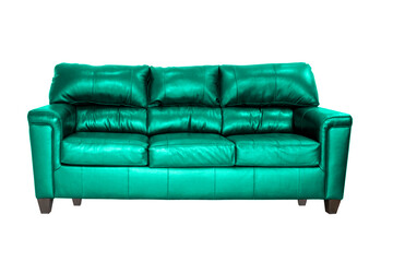 Teal leather sofa isolated. Loft furniture. Big teal leather couch on the white background