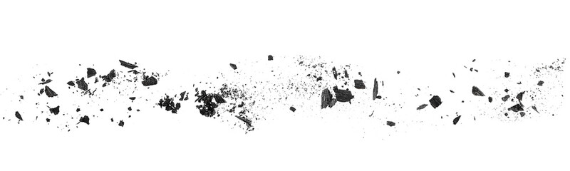 Charcoal dust scattered isolated on a white background, top view. Wooden charcoal. Black coal powder. - obrazy, fototapety, plakaty