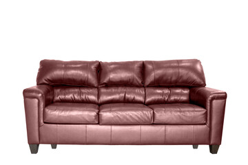 Chocolate leather sofa isolated. Loft furniture. Big brown leather couch on the white background