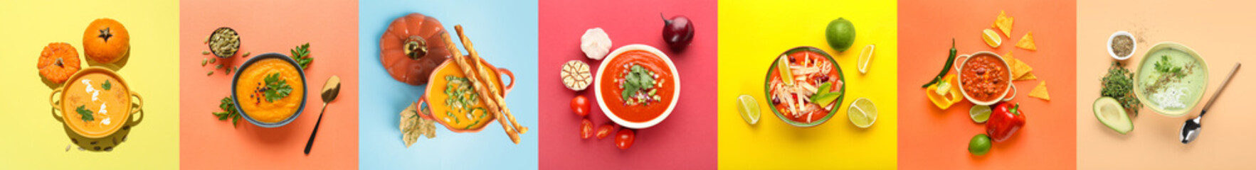 Set of tasty soups on color background