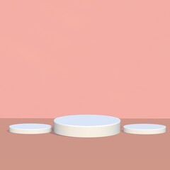 3d render, abstract geometrical background with violet red translucent round glass. Modern minimal showcase mockup. Vacant pedestal, empty podium, stage platform for