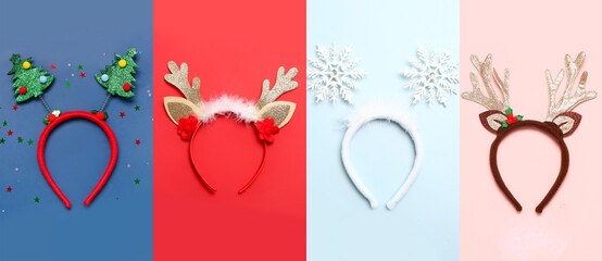 Collage of stylish Christmas headbands on color background © Pixel-Shot