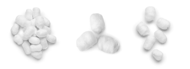 Collage of soft cotton balls on white background, top view