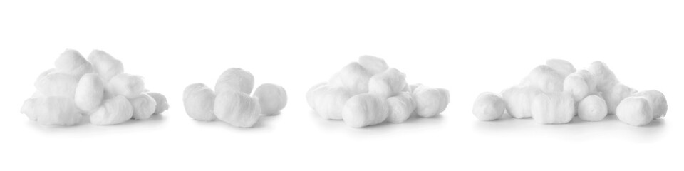 Fototapeta na wymiar Collage of soft cotton balls on white background