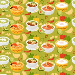 Seamless pattern with Mexican food. Tomato soup with tortilla chips, green avocado soup, rice pudding and Hot crab pie on green background with Empanada and chili peppers. Vector illustration.