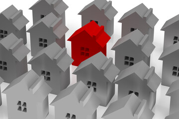 3d model. Many cottages and one red. Difference.