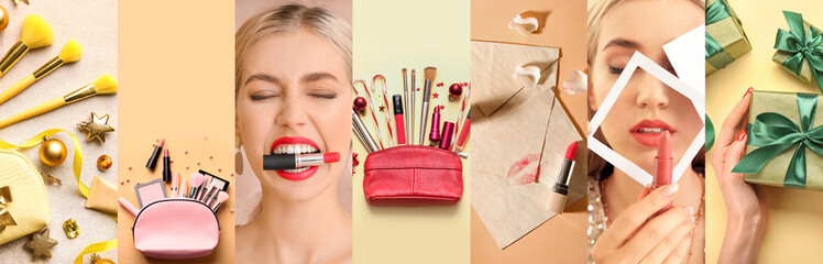 Collage of stylish woman with lipsticks, makeup cosmetics, Christmas gifts and decorations on...