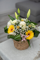 Colorful Flower Arrangement at Wedding Celebrations on the table in a restaurant