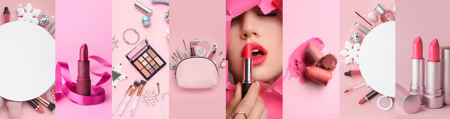 Collection of stylish woman with lipsticks, makeup cosmetics and Christmas decorations