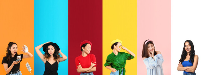 Set of different Asian women on colorful background