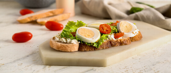 Tasty toast with boiled egg and tomatoes on light background