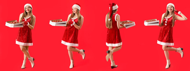 Set of beautiful woman in Santa costume holding box with tasty pizza on red background