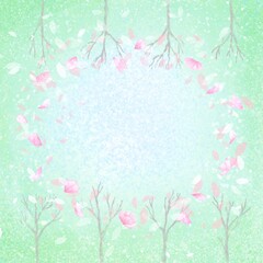 Obraz na płótnie Canvas 芽吹き始める木々にピンクの花びらが舞うイラスト素材。春の訪れを表現した背景フレーム。