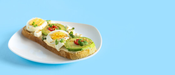 Tasty toast with boiled egg and avocado on light blue background with space for text