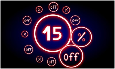 Black background banner with neon blue circle with 15% discount neon inside.For promotion and sale.
