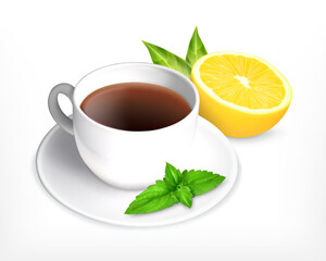 Cup of tea with lemon, mint