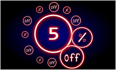 Black background banner with neon blue circle with 5% discount neon inside.For promotion and sale.