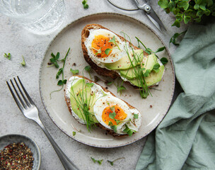 Bread toast, boiled eggs, avocado slice, microgreens on a plate