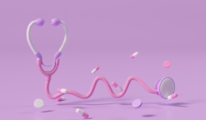 medical stethoscope, cartoon style, health care symbol on pink background 3 d frame illustration