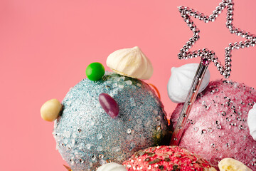 Decorative ice cream balls decorated for Christmas on studio background
