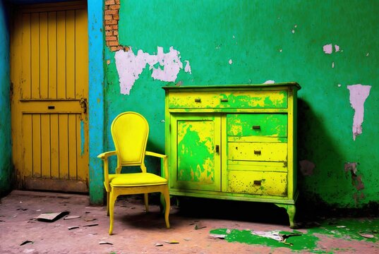 Old Interior Room Transformed Into Art With Vintage Wooden Furniture Painted With Vibrant Intense Green And Yellow Chalk Paint Colors - Grunge Cracked Wall Texture. 3d Render.