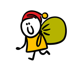 Little elf santa helper runs and carries a big gifts bag on the back.