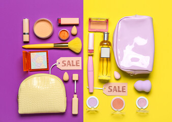 Bags with cosmetic products, accessories and sale tags on color background