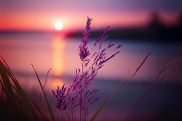 Little grass stem close-up with sunset over calm sea, sun going down over horizon. Pink and purple pastel watercolor soft tones. Beautiful nature background. Digital art