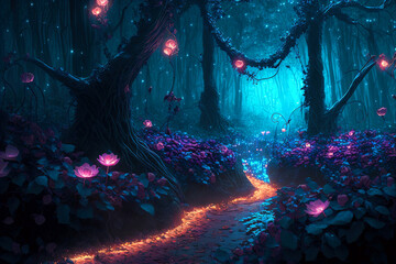 Fantasy fairy tale background with forest and blooming pink rose path. Fabulous fairytale outdoor garden and moonlight background. Digital artwork - obrazy, fototapety, plakaty