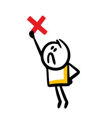 A disgruntled man holds a red mark in the shape of a cross in his outstretched hand.