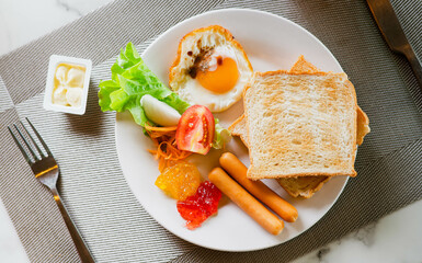 Healthy and breakfast serving on table. Hotel breakfast set. Balanced diet breakfast set. top view