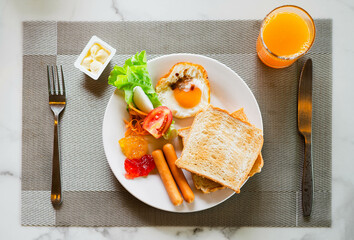 Healthy and breakfast serving on table. Hotel breakfast set. Balanced diet breakfast set. top view