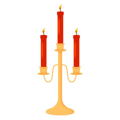 Vintage golden candlestick with candles. Cartoon elegant chandelier, retro candle holder. Flat style illustration isolated on transparent background