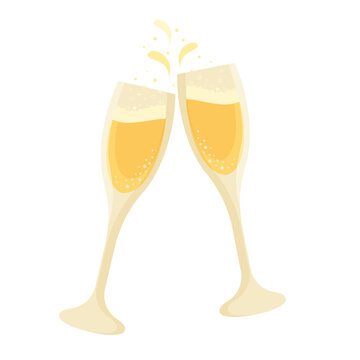 Two glasses of champagne with bubbles on a transparent background. Festive element for birthday, wedding, party, christmas and new year in flat style