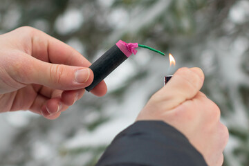 Guy Sets Fire to the Flash Noise Firecracker Outdoors in Winter at Daytime. Loud and Dangerous New...