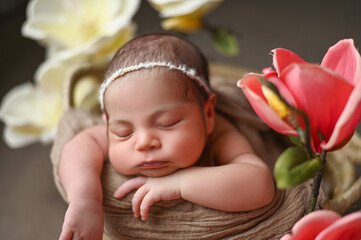 Сute little newborn baby girl in beautiful decor antourage