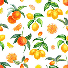 Citrus fruits watercolor seamless pattern. Hand drawn lemons, oranges and kumquats on an isolated background. Endless ornament for fabric and wallpaper. Tropical summer print.