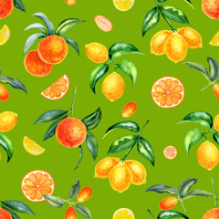 Citrus fruits watercolor seamless pattern. Hand drawn lemons, oranges and kumquats on an isolated background. Endless ornament for fabric and wallpaper. Tropical summer print.