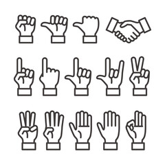 Set of finger, Hand signs on a white background, Hand collection, vector outline illustration, line icon set