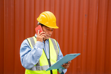 A senior specialist engineer is on the phone with an employee of a container shipping company. Logistics global cargo container concept.