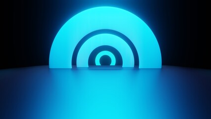 Fototapeta premium 3d rendering of spaceship corridor background blue neon glowing. Scene for advertising, technology, showroom, banner, game, sport, cosmetic, business, metaverse. Sci-Fi Illustration. Product display