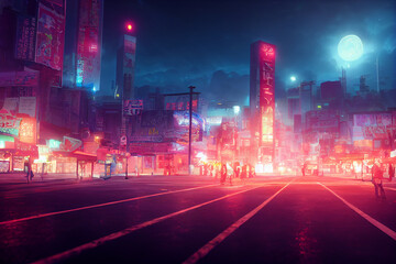 Fantasy Japanese night view city citycape, neon light, residential skyscraper buildings