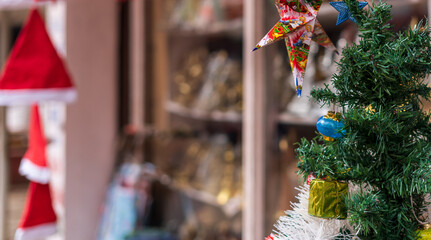 Naklejka premium merry christmas, cute festive decoration close up, beautiful toys for new year