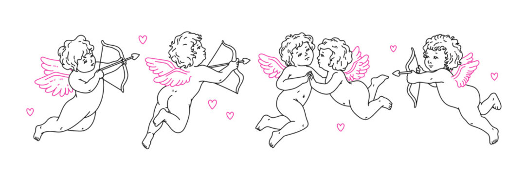 Angel and cupid tattoo art 1990s-2000s. Love concept. Happy valentines day. Y2k stickers in trendy retro line art style. Vector hand drawn tattoo illustrations. Black, pink, white colors.