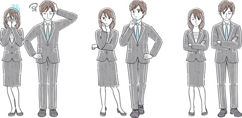 ビジネススーツの男女　表情ポーズの全身イラストセット（落胆　考える　悩む）
