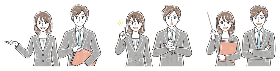 ビジネススーツの男女　表情ポーズの上半身イラストセット（案内　説明　解説）