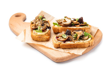 Wooden board of tasty toasts with cream cheese and mushrooms on white background