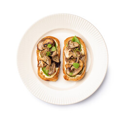Plate of tasty toasts with cream cheese and mushrooms on white background